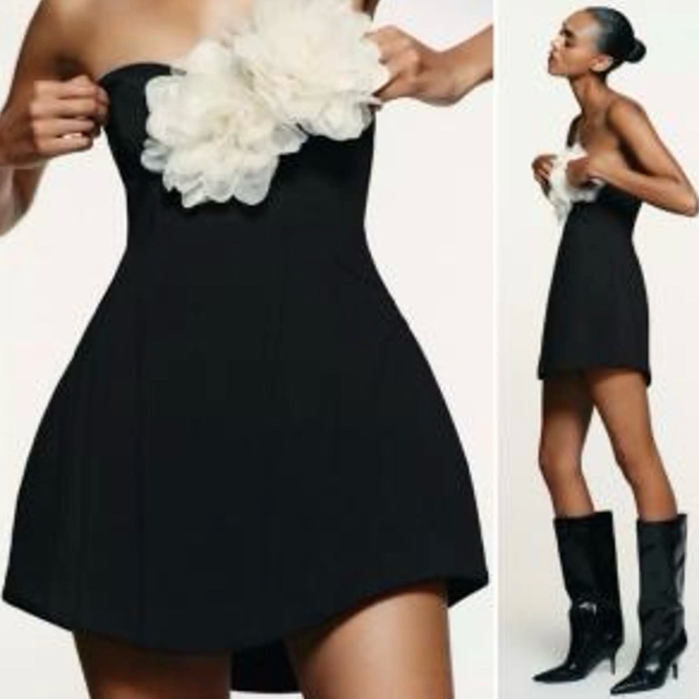 Absolutely stunning Zara Black small Strapless Dress with White Floral Detail